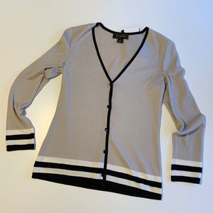 NWT St. John Wool Rayon blend long cardigan sweater. Gray black & winter white P